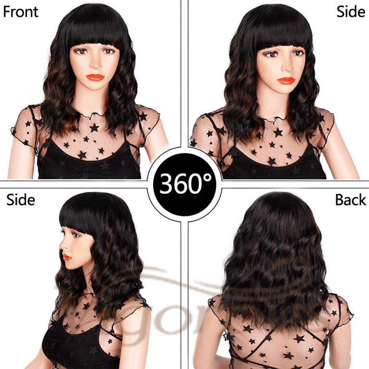 Vigorous Hot Selling Cheap Middle Long With Neat Bangs Mixed Brown Heat Resistant Fiber For Black Women Synthetic Hair Wigs