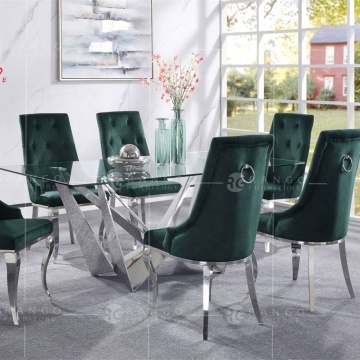 Modern 12mm Glass Dining Table with Green Velvet Chairs