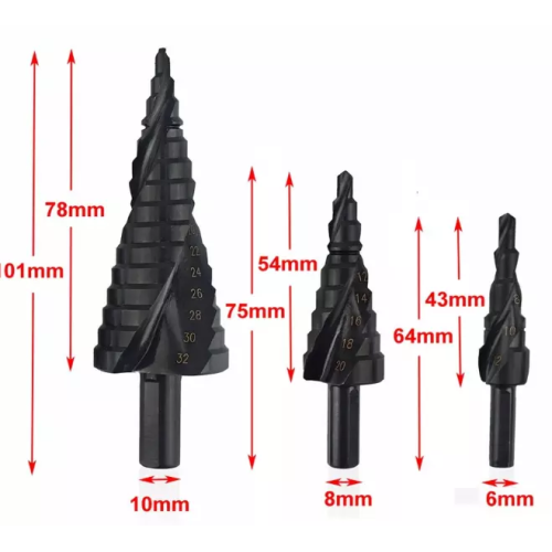 Yüksek kaliteli 3 paket Spiral Adım Matkap Bit Seti 1/4 &quot;Hex Shank Koni Siyah HSS Yüksek Hızlı Çelik için Matkap Bit