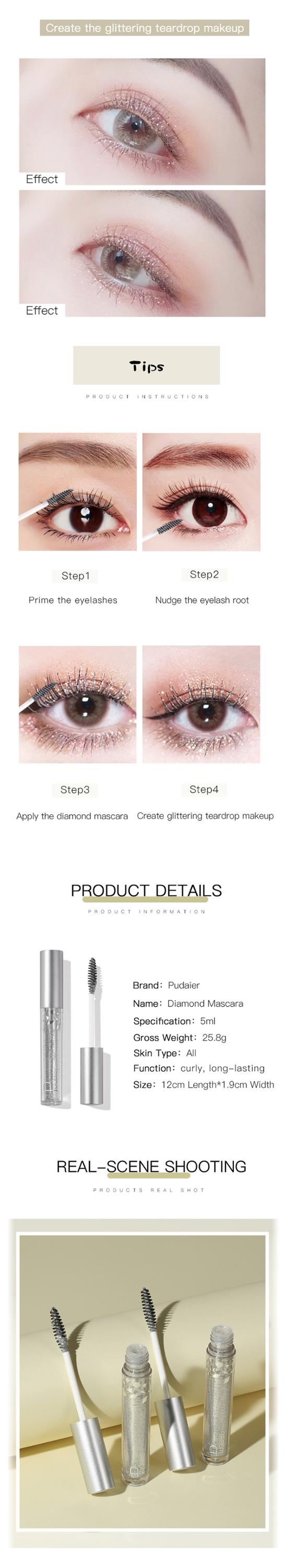 Sparkling Diamond Mascara Cream, Waterproof Long-lasting Quick Dry Shiny Eyelashes Cream for Glitter Curler Eyelashes