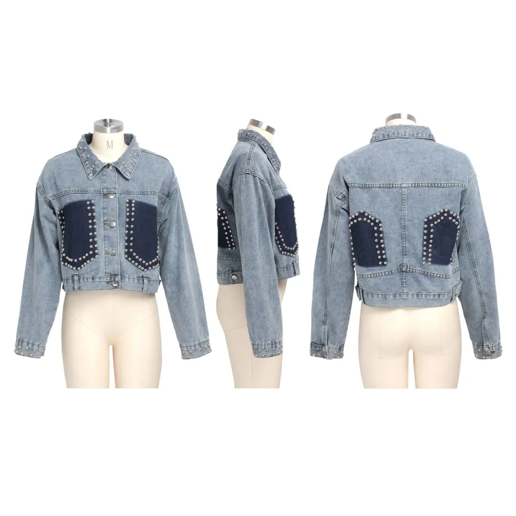 Best Selling 2021 Streetwear Patch Pockets Beaded Short Jackets Women Spring Denim Tops Ranking