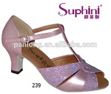 Woman Low Heel Dance Shoes , Pink Silver Fancy Footwear , Thick Heel Shoes