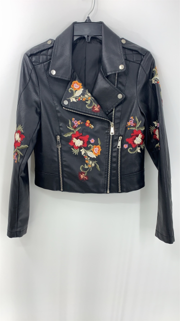 Women's Black Pu Embroidery Jacket