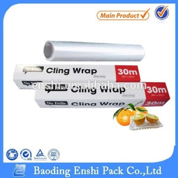 Clear food packing film food grade PE cling film with box cutter.