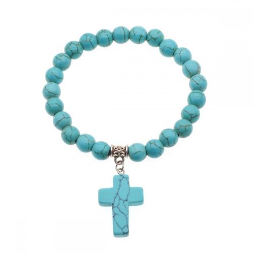 Natural Semi Precious Stone Beads Elastic Bracelet With Charms Cross Pendant