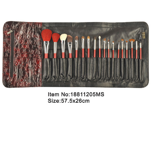 18pcs röd plast handtag djur nylon hår makeup borste verktyg set med krokodilskinn matchande färg PU fall