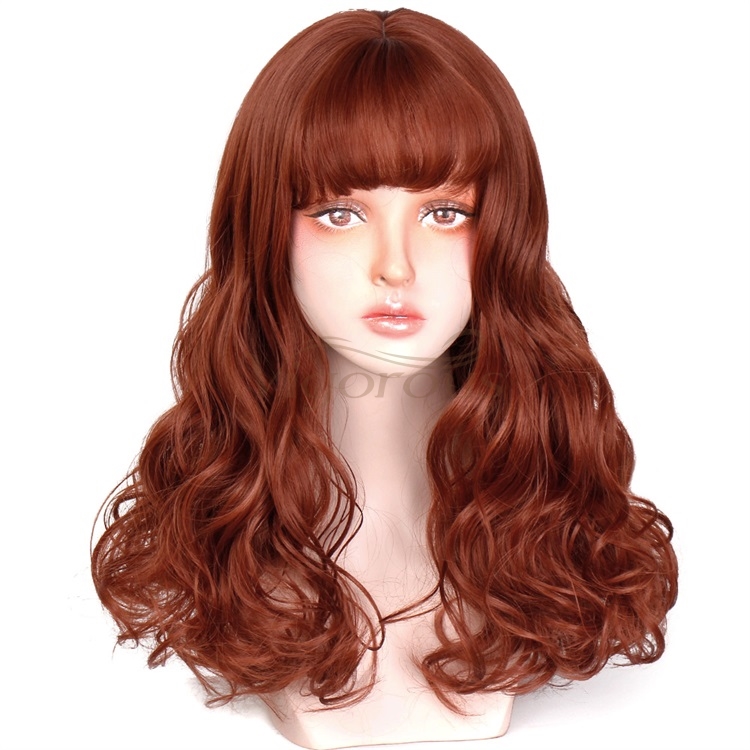 Vigorous Women Girls Ladies Long Curly Charming Synthetic Wigs with Neat Bangs Big Wave Heat Resistant Wig Hairnet Included