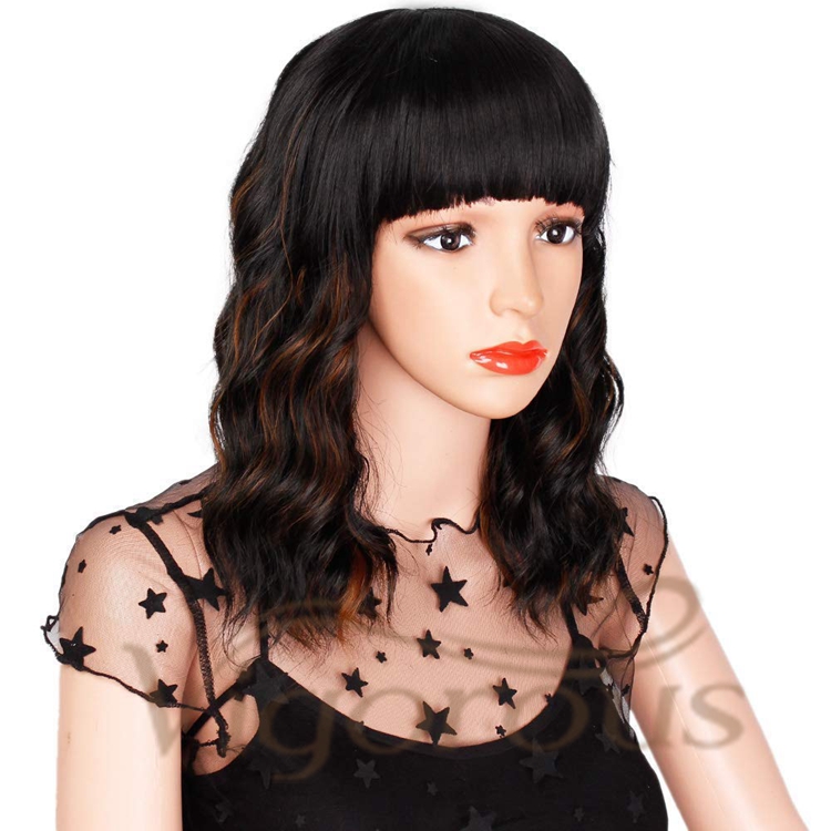 Vigorous Hot Selling Cheap Middle Long With Neat Bangs Mixed Brown Heat Resistant Fiber For Black Women Synthetic Hair Wigs