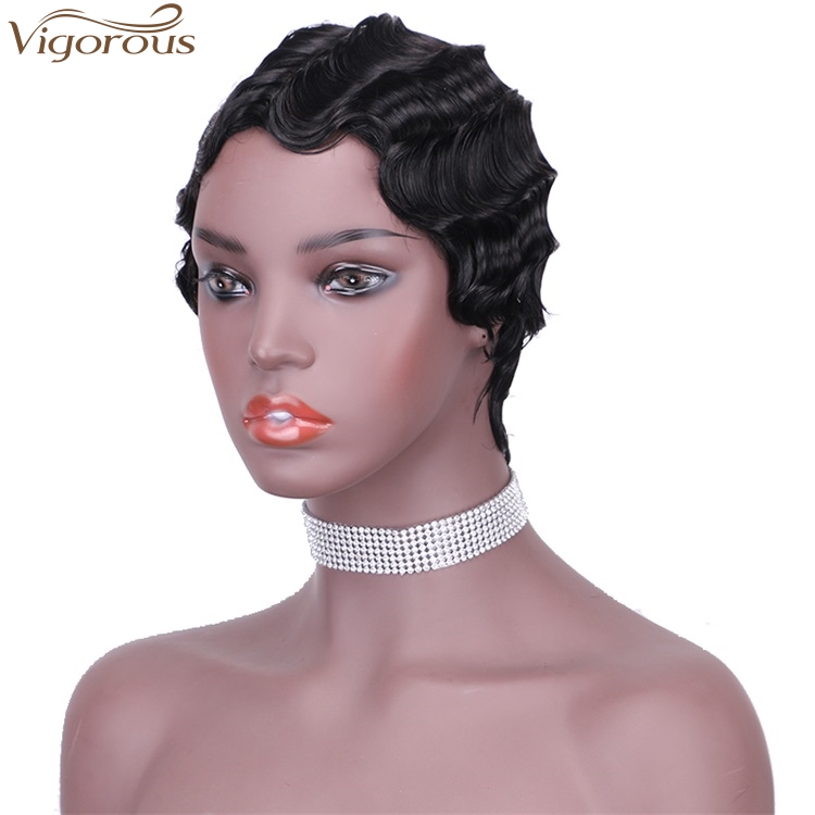 Vigorous Pixie Cut Black Short Curly Wigs for African American Women Real 100% Human Hair Finger Wave Wig