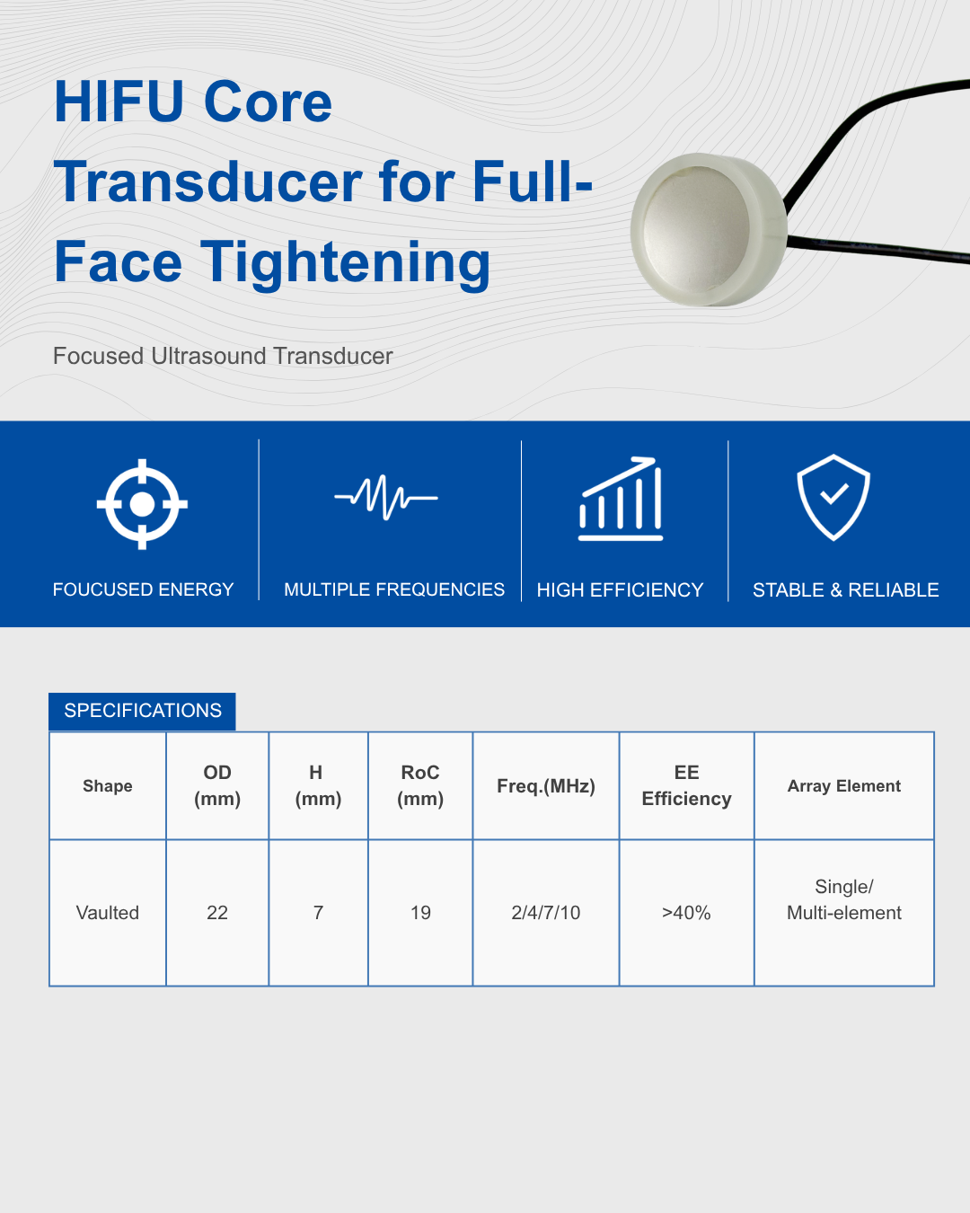 2-1) Transdutor central HIFU para aperto facial completo 2-1)HIFU Core Transducer for Full-Face Tighte