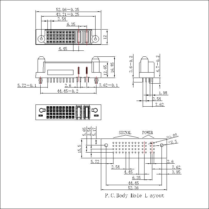 PSPF6.35S-0236G0G0AEX 6.35MM 2P Power+36P Signal Female Straight Dip Power Connector