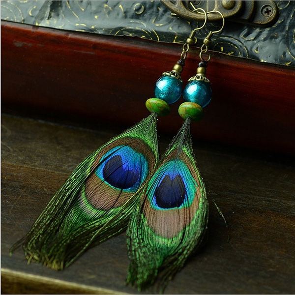 Peacock Feather Earrings With Turquiose Beads