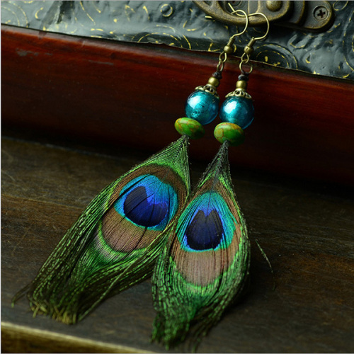 Customized Retro Peacock Feather Earring With TurquoiseBead