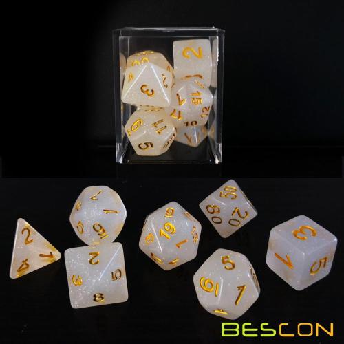 Bescon paillettes intensives DND dés 7pcs ensemble voile de brume, nouveau jeu de puces polyédriques d4 d6 d8 d10 d12 d20, paquet de boîte de briques