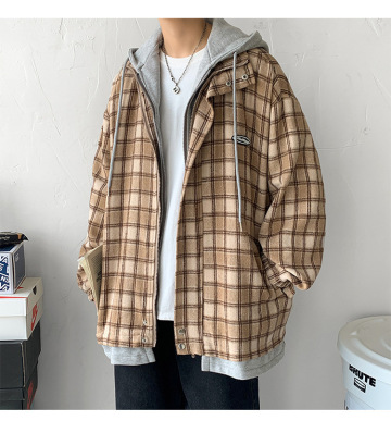 Men's Casual Drawstring Plaid Hooded Jacket