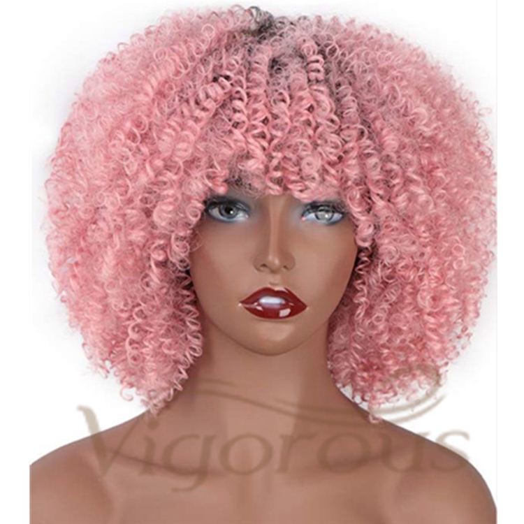 Vigorous Best Selling Wholesale Cheap Price Short Kinky Curly Fluffy Ombre Pink With Bangs For Black Women Synthetic Hair Wigs