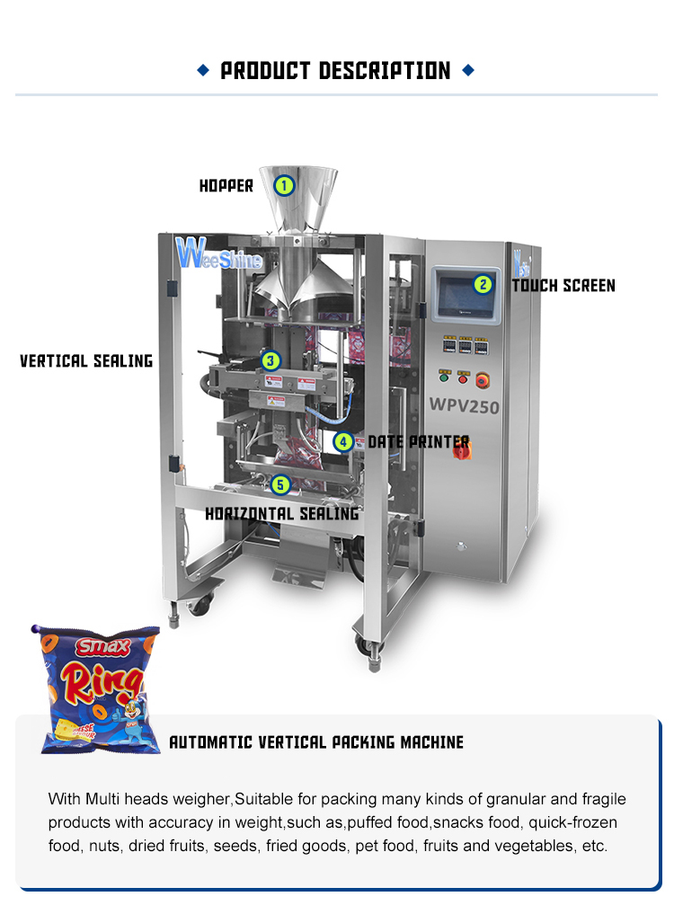 Large Aluminium Electric Automatic Vertical Packing Machine For Candy Nut Granule Sealing Weighing With Vaccum Pouch Bagging