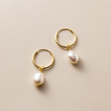 Korean Elegant 18k Gold Plated Baroque Pearl Hoop Huggies Earrings - 925 Sterling Silver Pearl Drop Earrings for Women Jewelry