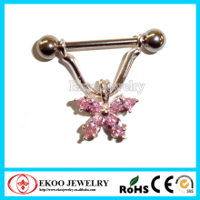 Gold Anodized Pink Crystal Butterfly Dangling Nipple Jewelry