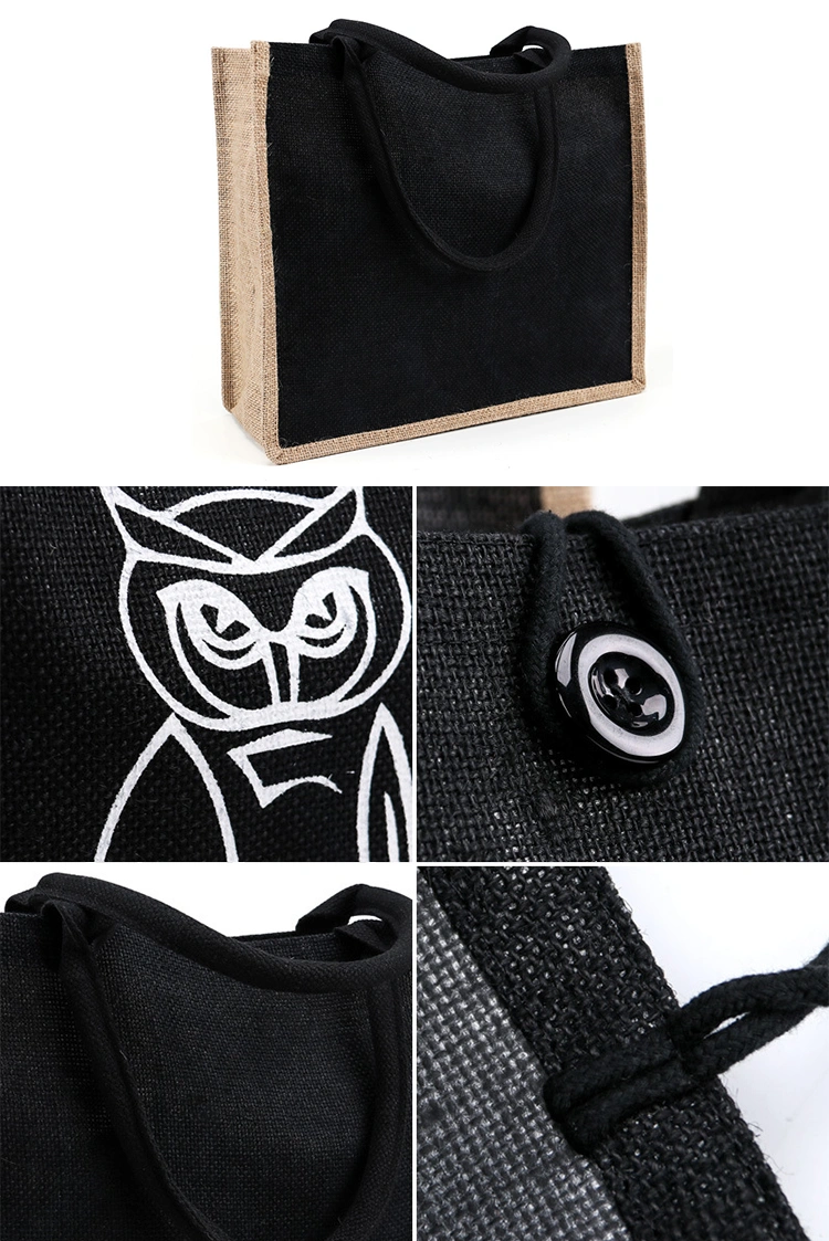 High-Quality Custom Animal Owl Silkscreen Embroidery Printing Eco-Friendly Jute Grocery Shopping Bags Recycled Burlap Tote Bag for Beach