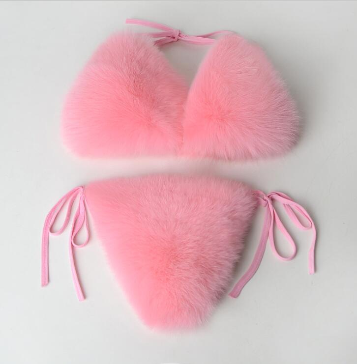 Sexy Fur Underwear Bikini Swimsuit color Purse Women Fox Wholesale Slides Real Furry Slippers