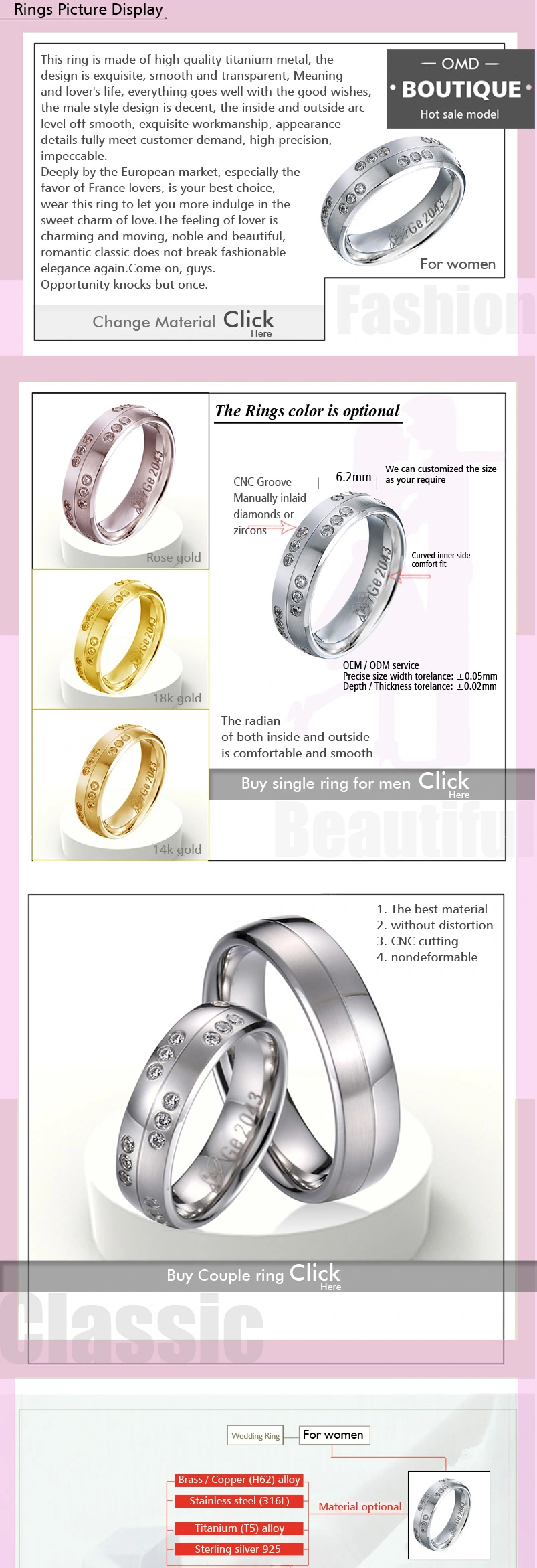 Fancy Design Gold Plated Titanium Ring with CZ or Diamond Stones for Ladies Ring