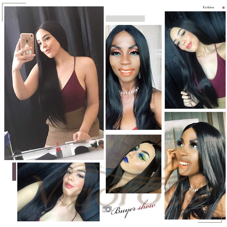 Vigorous Hot Selling In Stock Long Black Silky Straight Wave Middle Part Natural Hairline For Black Women Synthetic Hair Wigs