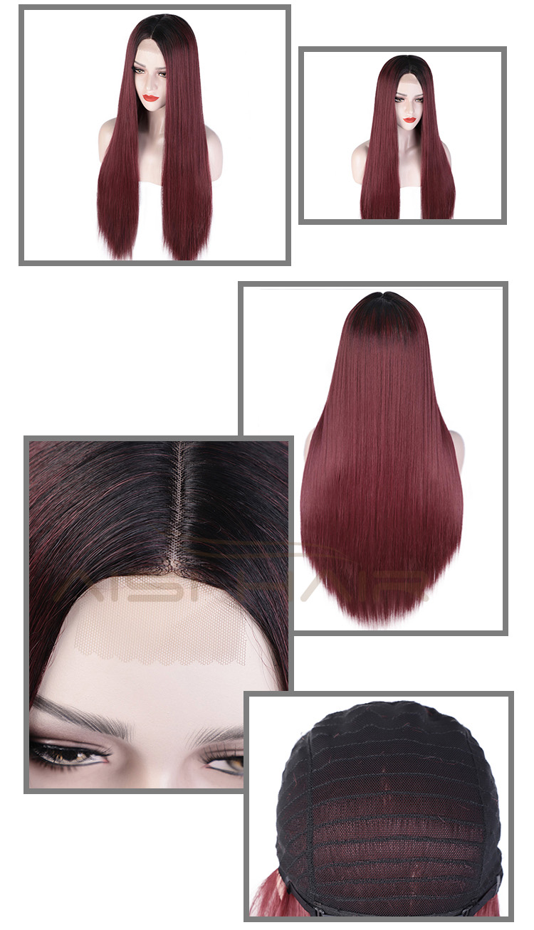 Aisi Hair Long Ombre Red Dark Root Wig Silky Straight Lace Frontal Wig Middle Part Synthetic Front Lace Hair Wigs For Women