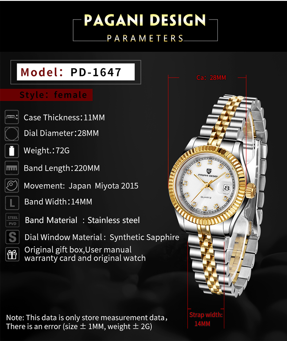 PAGANI DESIGN 1647 Delicate design ladies automatic watches stainless steel calendar luxury mechanical watches for women