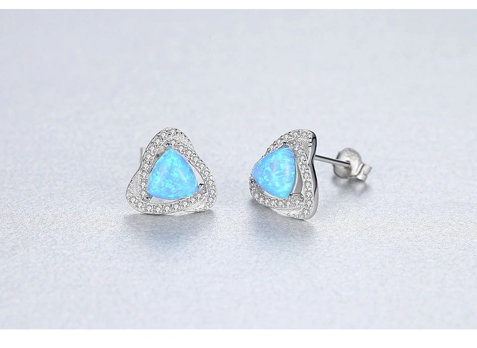 Luxury 925 Sterling Silver CZ Triangle Fire Opal Gemstone Stud Earrings