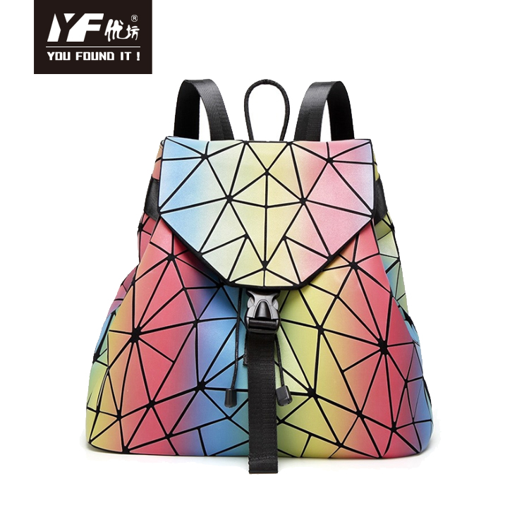 Custom waterproof holographic luminous fashion geometric rainbow PU leather outdoor waterproof kids backpack outdoor leisure t