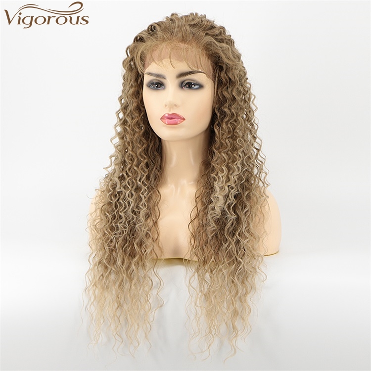 Vigorous Cheap Lace Frontal Synthetic Kinky Curly Wigs for White Women Long Ombre Brown To Blonde Wig Heat Resistant Fiber