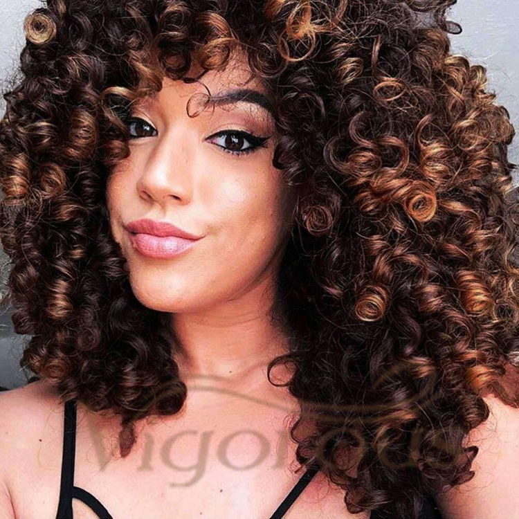 Vigorous Hot Selling Cheap Price Short Fluffy Kinky Curly Ombre Color Machine Made Cosplay For Black Women Synthetic Hair Wigs