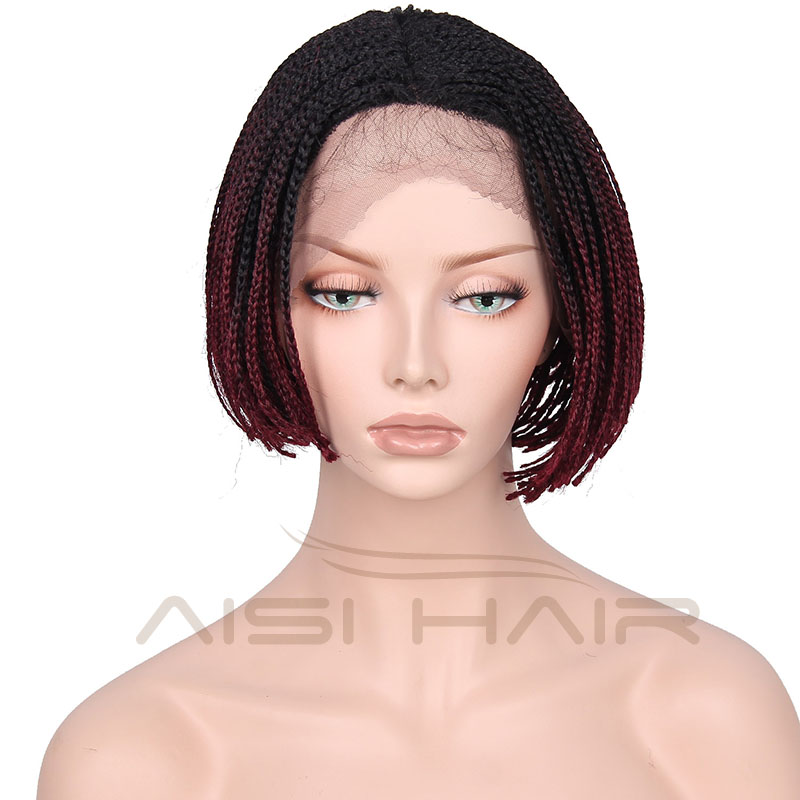 Synthetic Black Red Ombre Two Tone Color Lace Front Wigs Braid Box Hair Bob Style Wig Heat Resistant Glueless Lace Front Wig