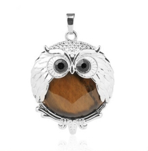 Yellow Tiger Eye Stone 24mm Beads Silver Owl Pendant