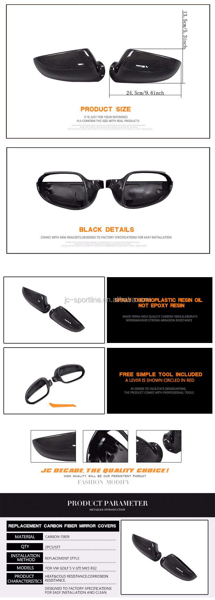 Auto Full Replacement Carbon Fiber Side Mirror Cover for VW Golf V GTI MK5 R32