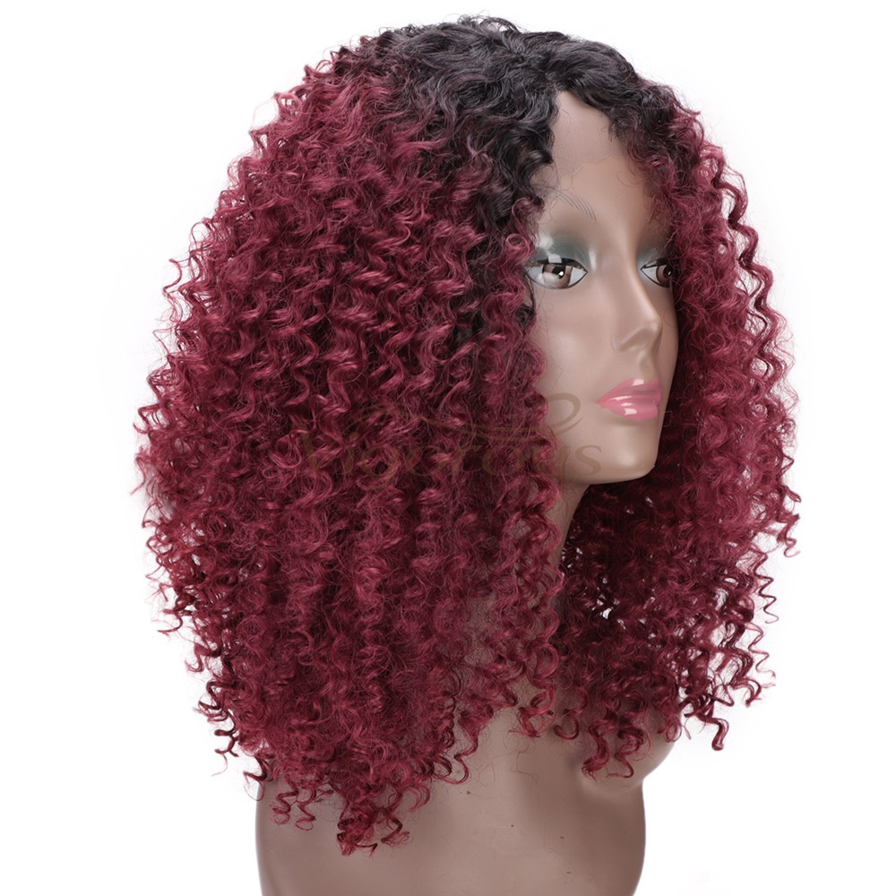 Vigorous Hair Ombre Wine Red Synthetic Lace Front Wig Short Kinky Curly Wigs for Black Women Daily Party Cosplay Wig 16 Inch