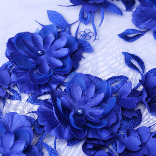 Derin Mavi Renk 3D Çiçek Dantel Nakış Kumaş
