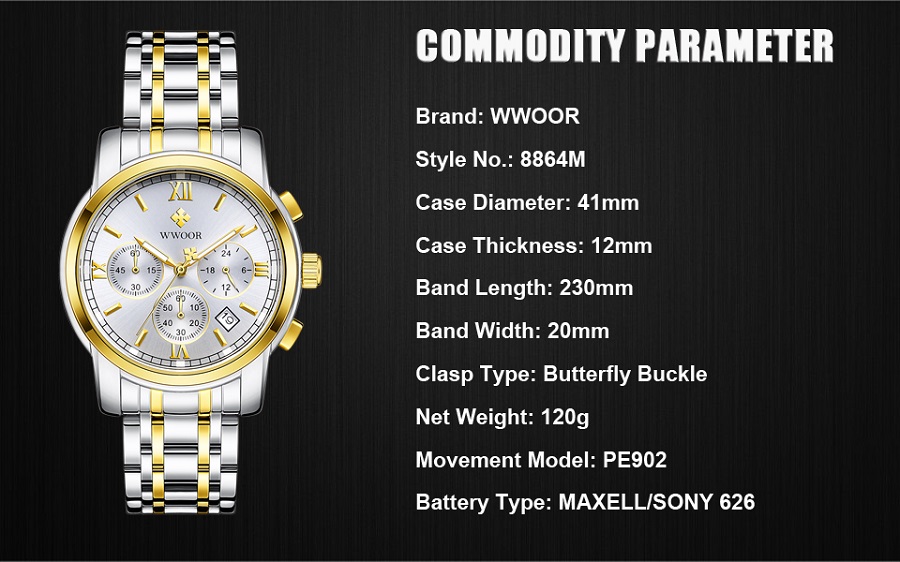 WWOOR 8864 Custom Design Watches Three Eyes Alloy Quartz Waterproof Men's Watches Factory online shopping