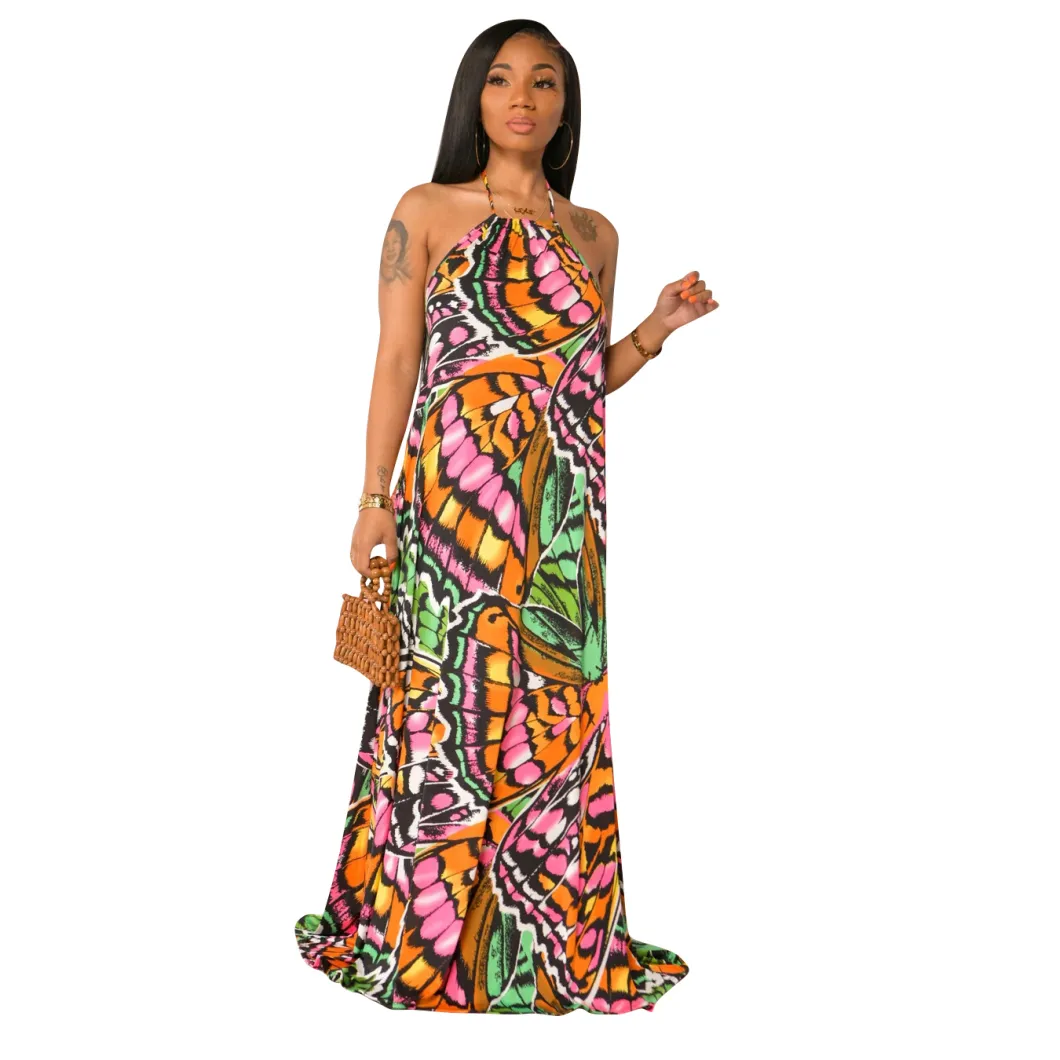 L51695 New Arrival Streetwear Women Sexy Drawstring Casual Pattern Print Halter Maxi Dress