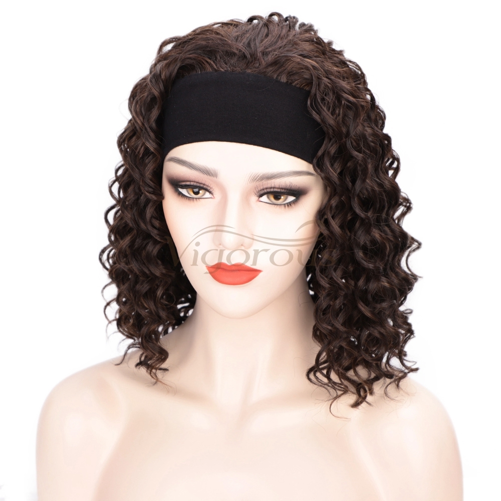 Vigorous Curly Synthetic Wigs for White Women Mixed Brown Colors African American Wigs Short 3/4 Half Wigs with Headband