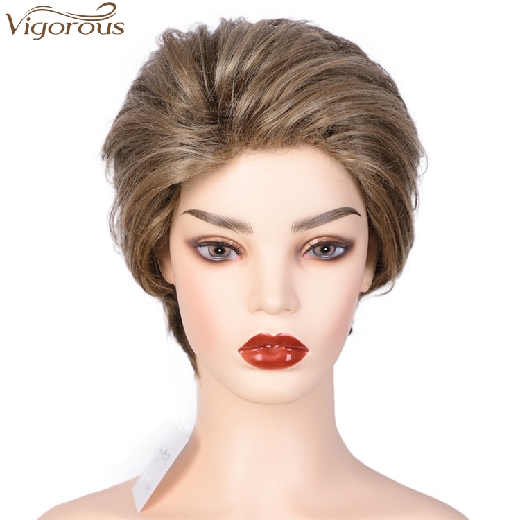 Vigorous High Temperature Top Quality Short Synthetic Grey Mixed Brown Pixie Cut Hairstyles Layered Fluffy Wigs