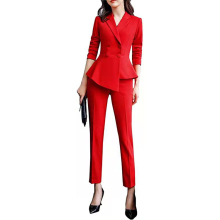 Red Double Breasted Trouser 2 pieces Business Ladies Jackets Sexy Slim Fit women's pant suits