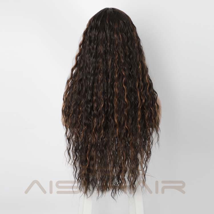 Afro Heat Resistant Friendly Cheapest Natural Mixed Black Brown Long Deep Wave Synthetic Hair Wigs Lace Front