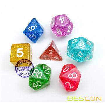 Surtido de colores brillantes Glitter Polyhedral Dice 7pcs Set, juego de dados Glitter RPG d4 d6 d8 d10 d12 d20 d%, embalaje de tubo transparente