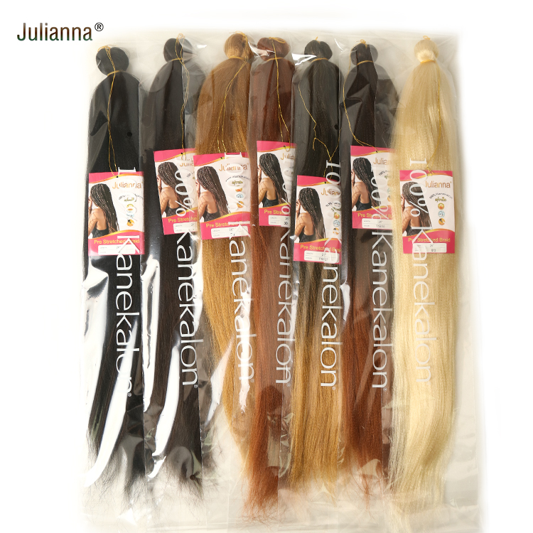 100% Kanekalon Pre Stretch Easy 52Inch 90G Synthetic Prestretched Three Color Bulk Custom Packaging Pre-Stretched Braiding Hair