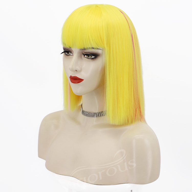 Yellow Highlight Red High Temperature Synthetic Bob Wigs With Flat Neat Bangs Short Straight Wigs for Women Wholesale