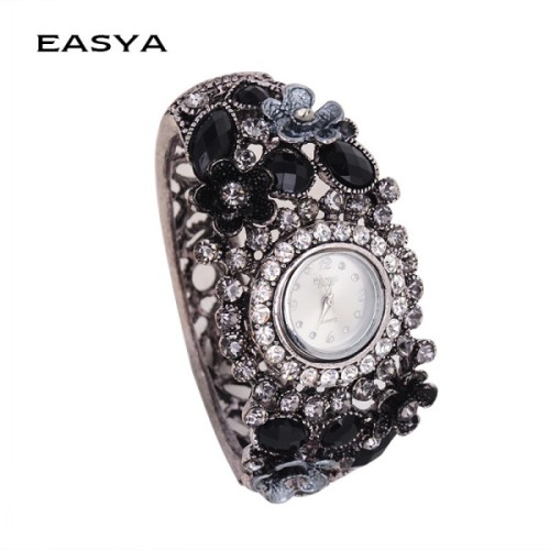 2015 hitam gaya baru Enchase berlian imitasi gelang logam Watch