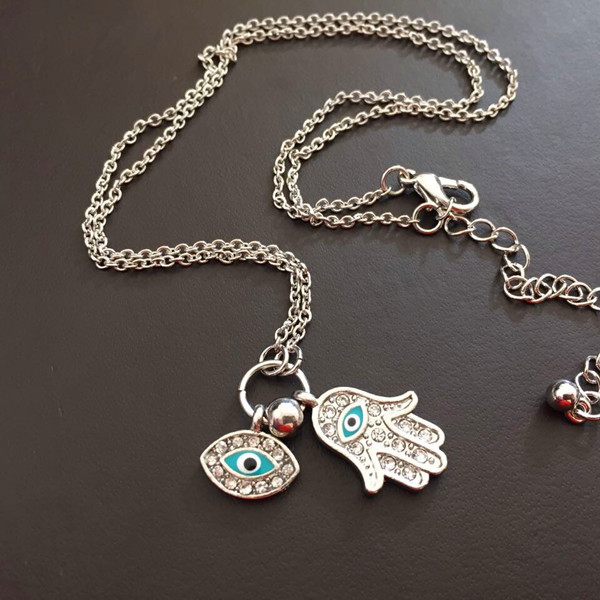 Rhinestone Evil Eye Fatima's Hand Pendant Necklace