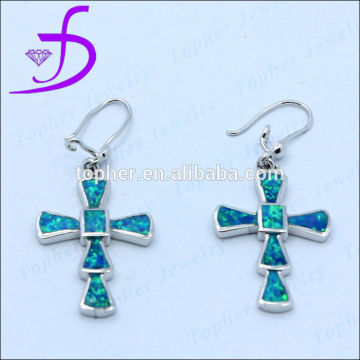 925 silver christan earring cross shape synthetic opal inlay factory price